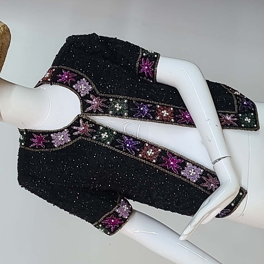 Laurence Kazar New York Silk Beaded Sequin Short Sleeve Jacket